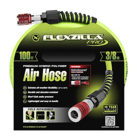 Flexzilla Pro Air Hose, 3/8" x 100, w ColorConnex HFZP38100YW2-D